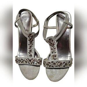 Attention Gray/Silver Jeweled Sandals – Size 9.5, Low Wedge Heel Embellished
